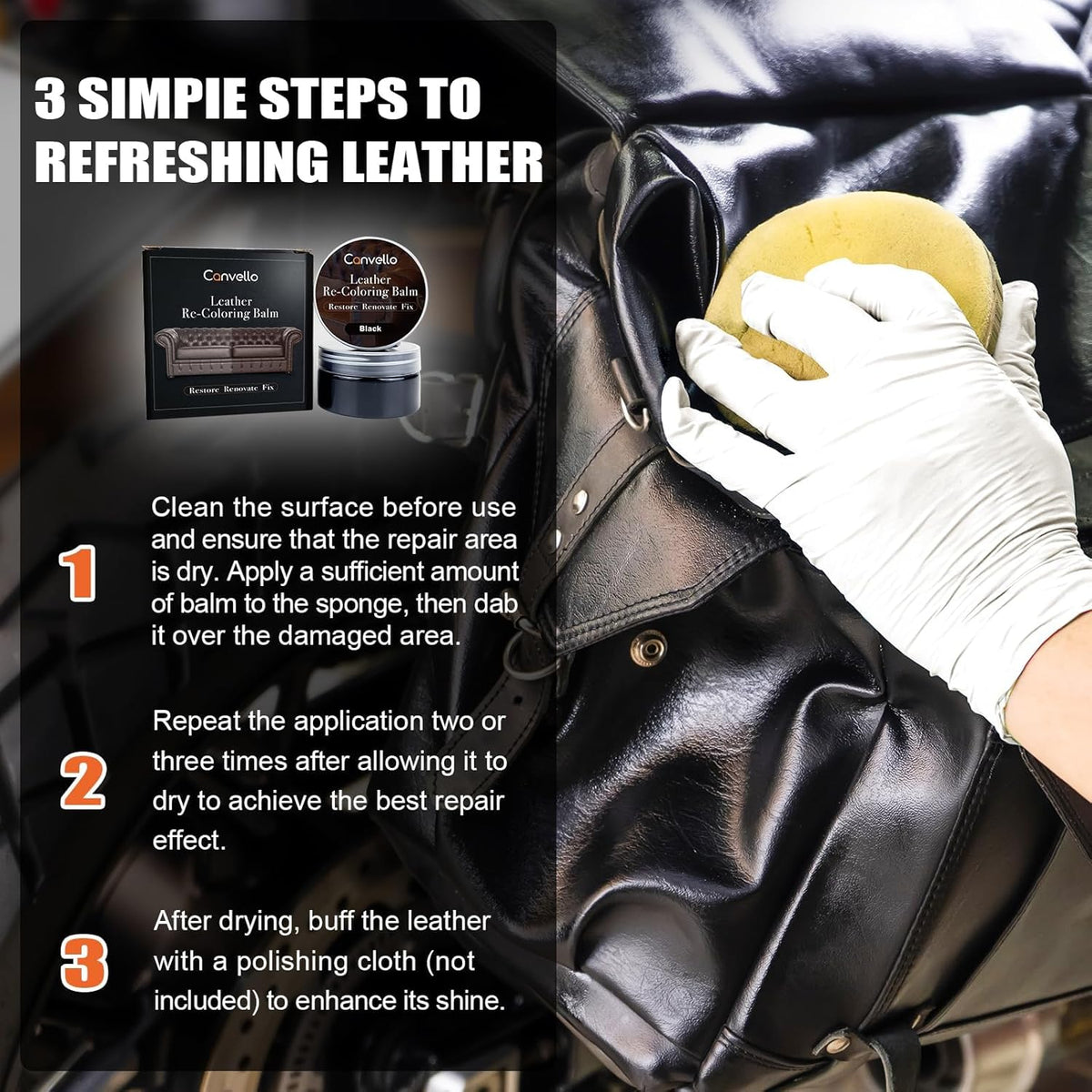 Black Leather Repair Kit, Black Leather Recoloring Balm, Leather Dye - Restore & Renew Scratch