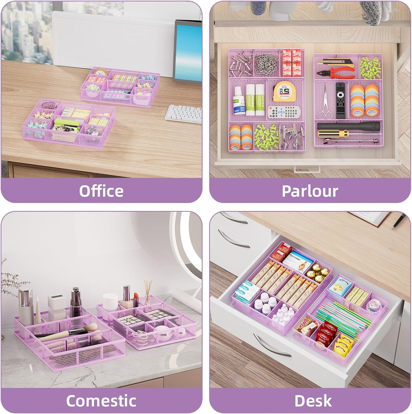 Marbrasse 2 Pack Desk Drawer Organizer, Mesh Drawer Organizer Tray with 8 Adjustable Compartments