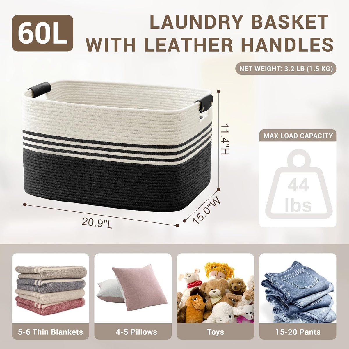 60L Large Laundry Basket with Leather Handles for Living Room Storage, Woven Rope Baskets Bin for