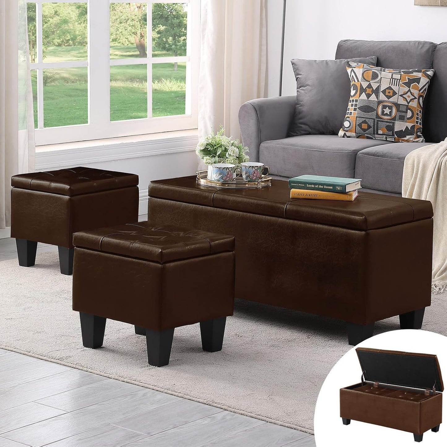 Ottoman with Storage Set of 3, 38'' Button Tufted Storage Ottoman with 2 Stools, Easy Open & Close