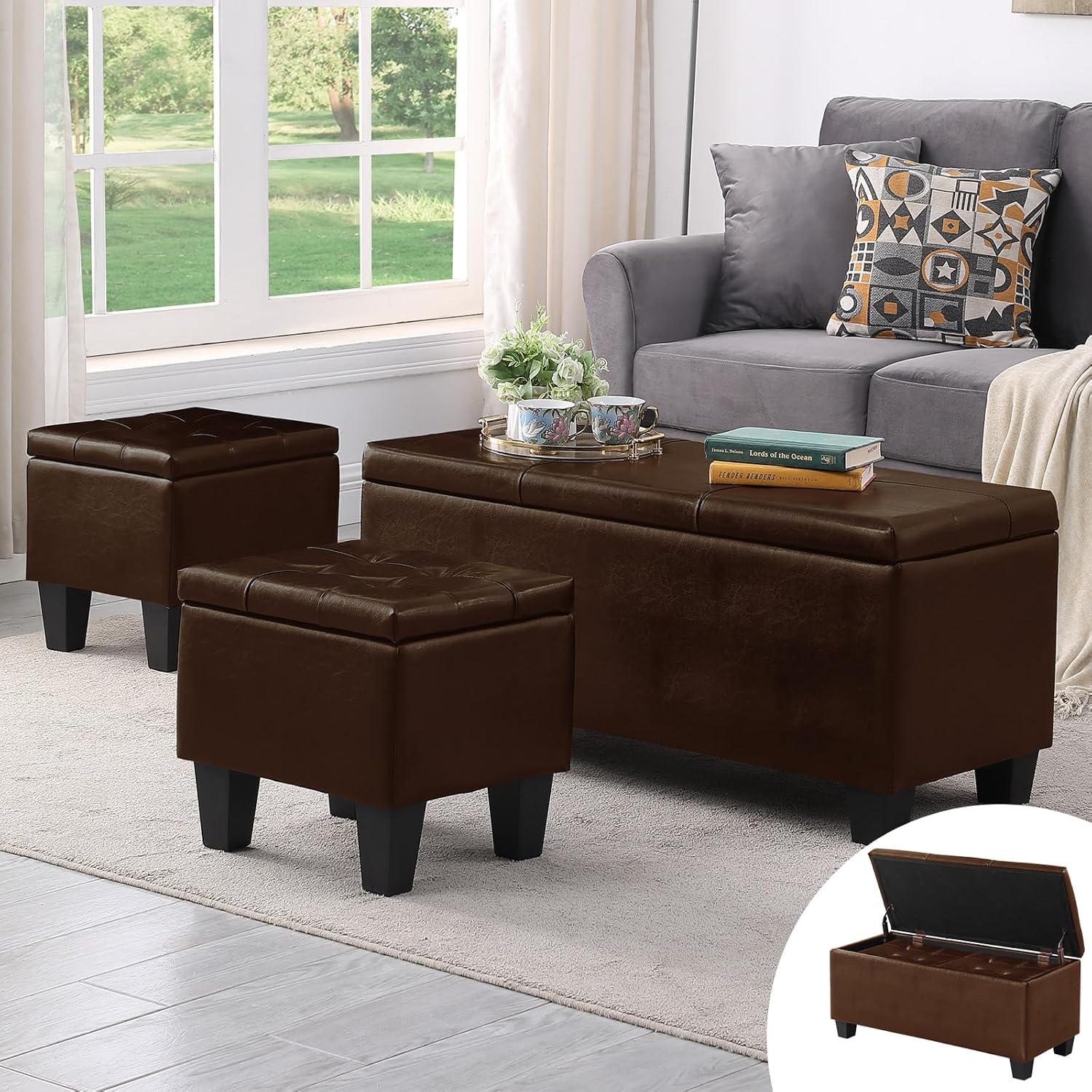 Ottoman with Storage Set of 3, 38'' Button Tufted Storage Ottoman with 2 Stools, Easy Open & Close
