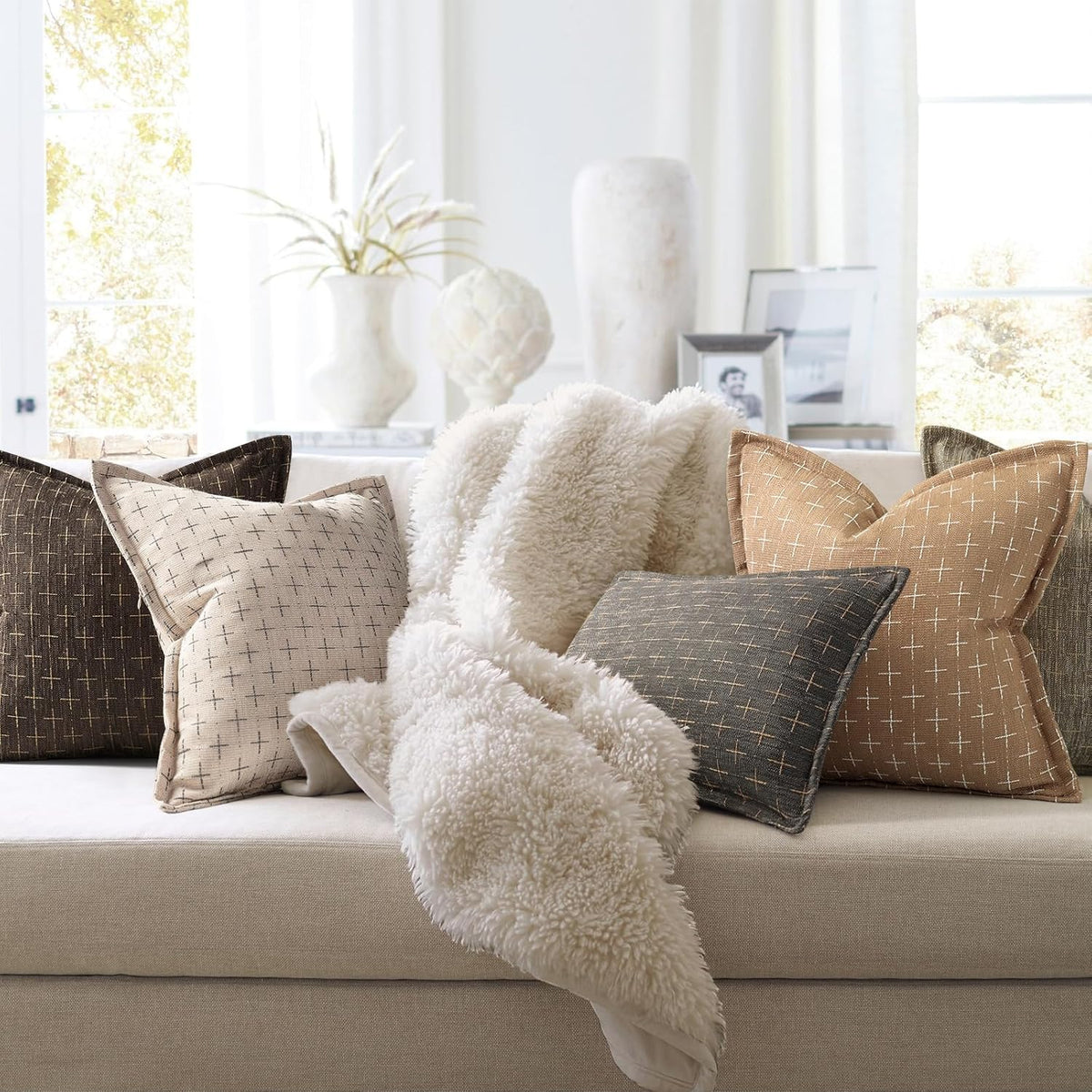 ZWJD Throw Pillow Pillow Covers 22x22 Set of 2 Soft Polyester Textured Pillow Covers with Stylish