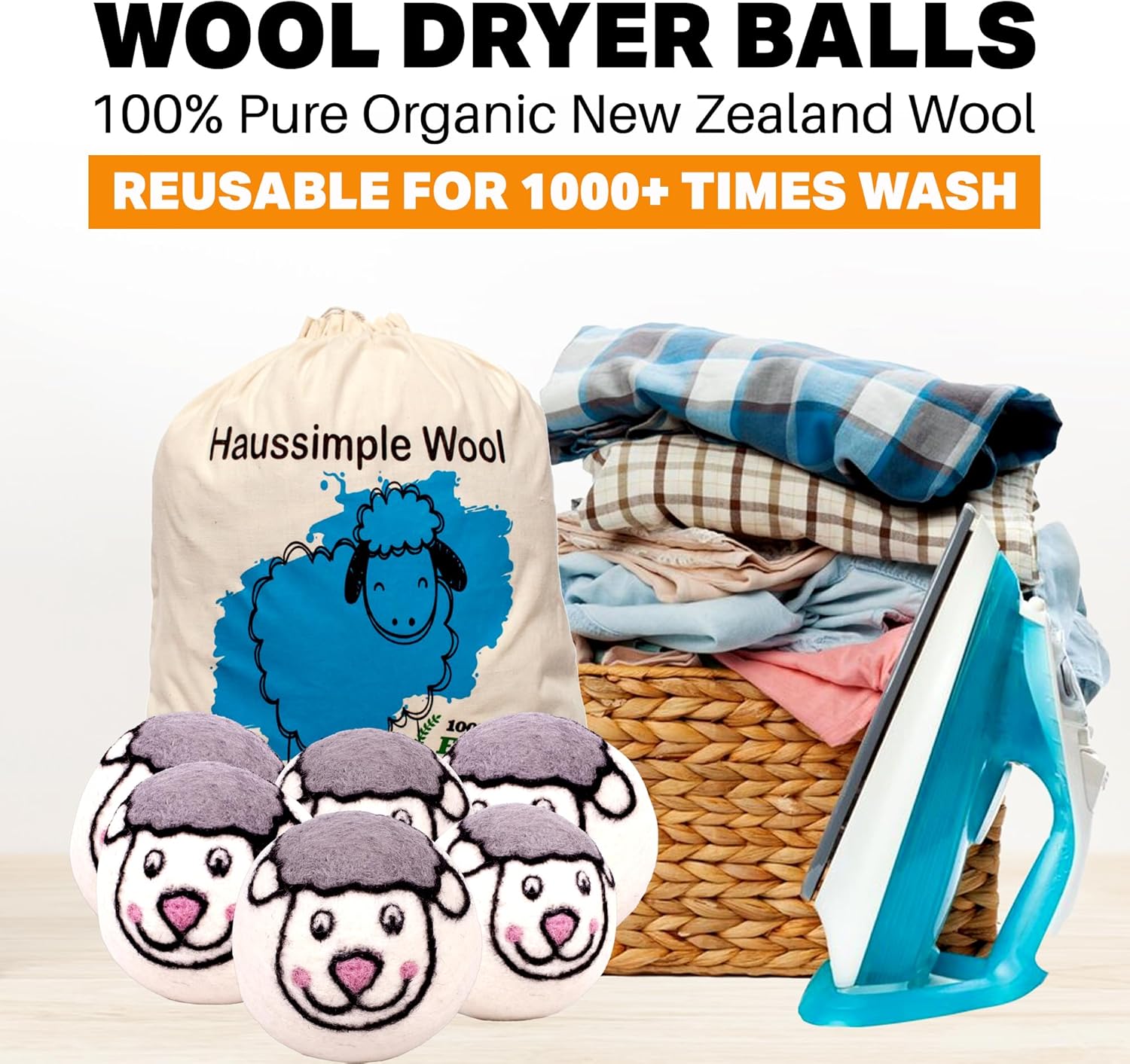 Wool Dryer Balls Organic Felt 6 Pack Laundry Fabric Softener, Extra Large Reusable Handmade Natural