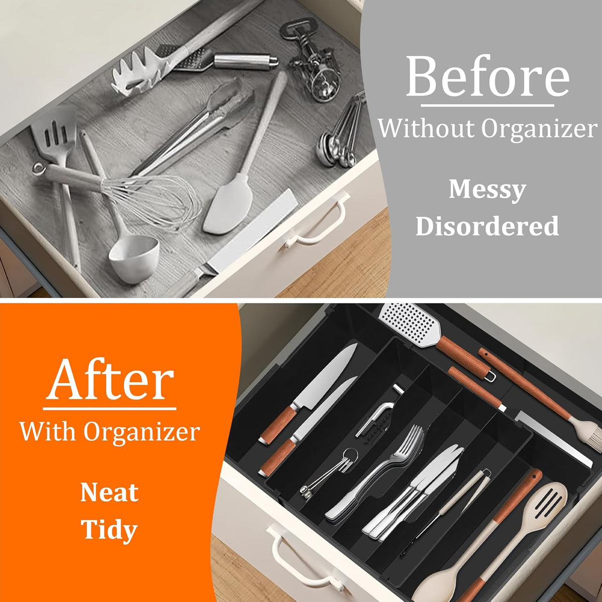 Expandable Large Silverware Organizer - BPA-Free Food-Safe Utensil Drawer Organizer Adjustable