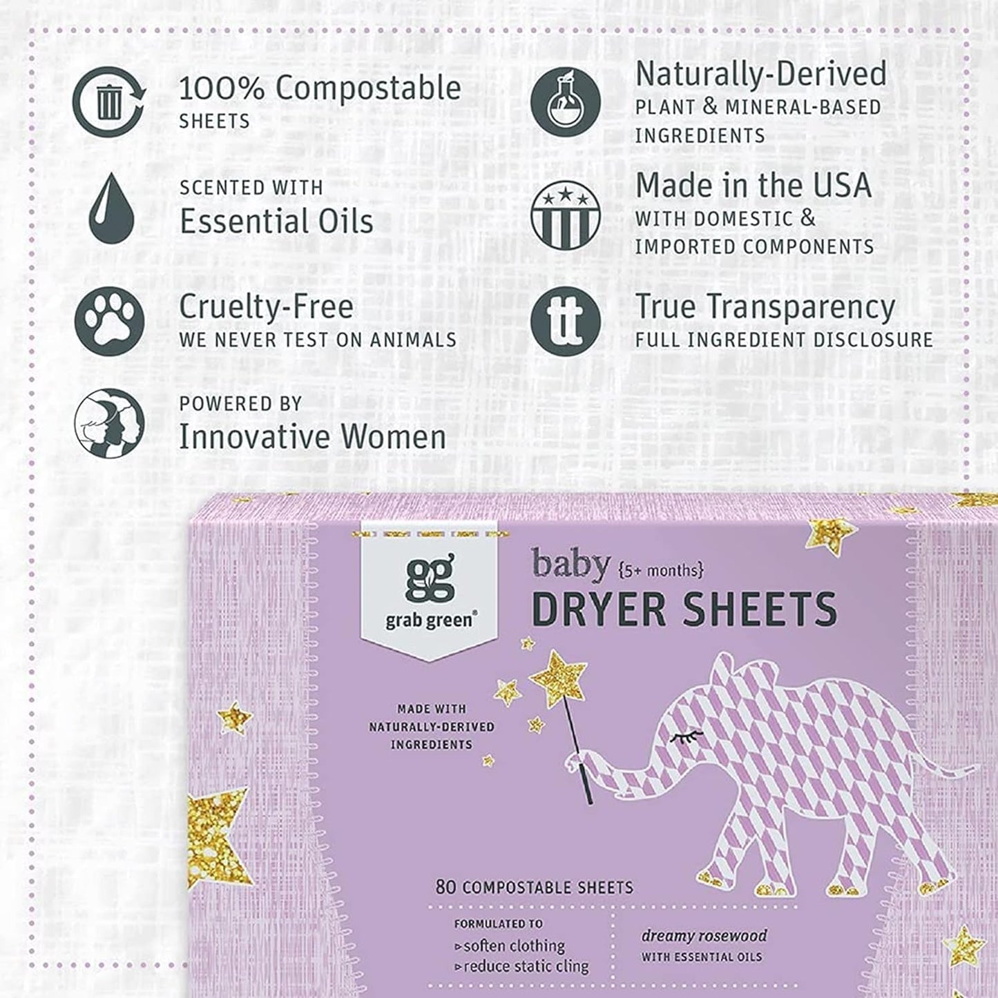 Grab Green Baby Laundry Dryer Sheets, 160 Sheets, Dreamy Rosewood Scent, Plant Based, Softens