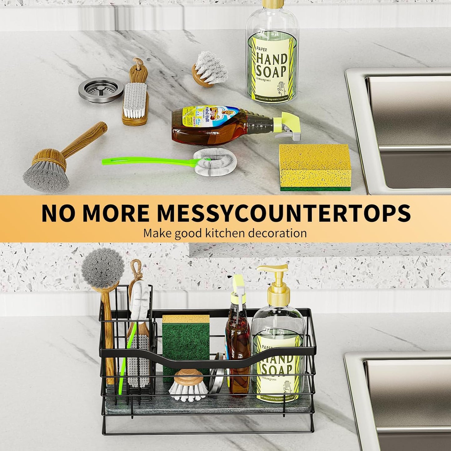 Sponge Holder for Kitchen Sink, Stainless Steel Sink Caddy and Drying Rack with Absorbent Stone