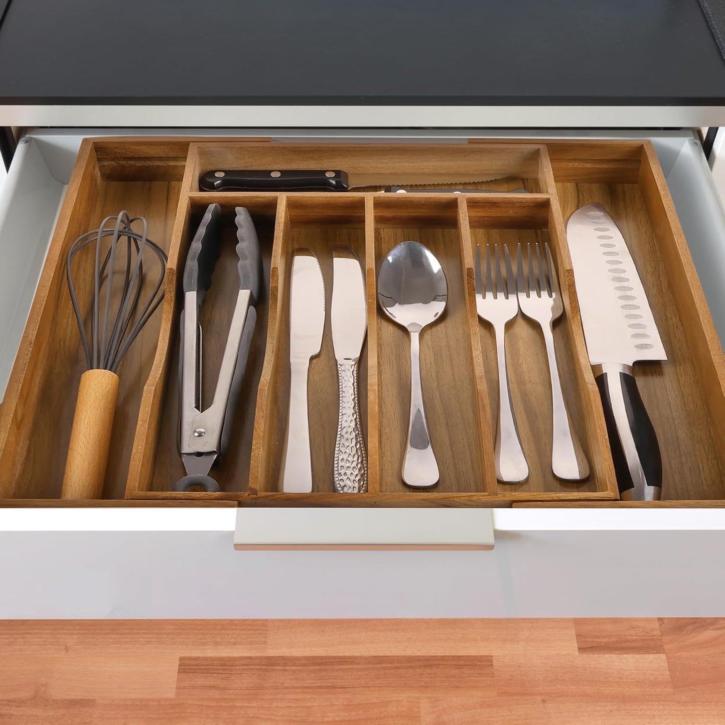 Expandable Acacia Kitchen Drawer Organizer for Cutlery and Utensils, Adjustable Acacia Wood Cutlery