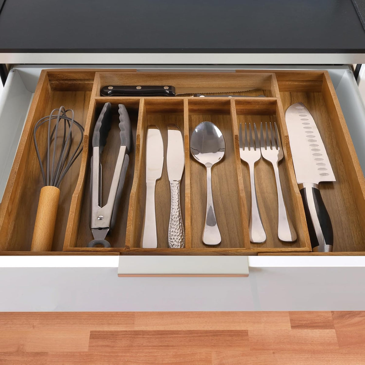 Expandable Acacia Kitchen Drawer Organizer for Cutlery and Utensils, Adjustable Acacia Wood Cutlery