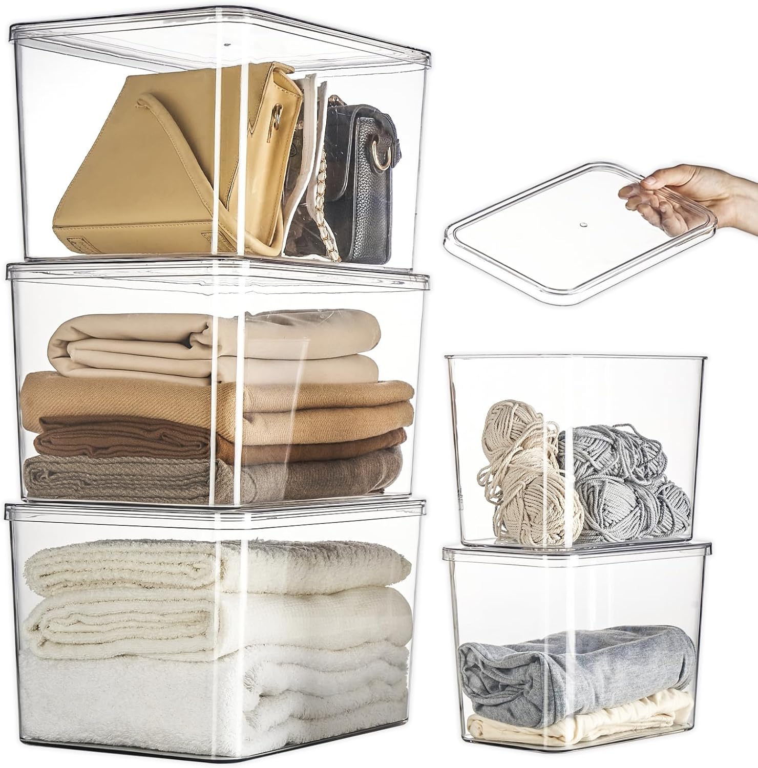 Lidded Plastic Storage Bins Set Clear Desk Basket Box Organizer Kitchen Container Clothes Laundry