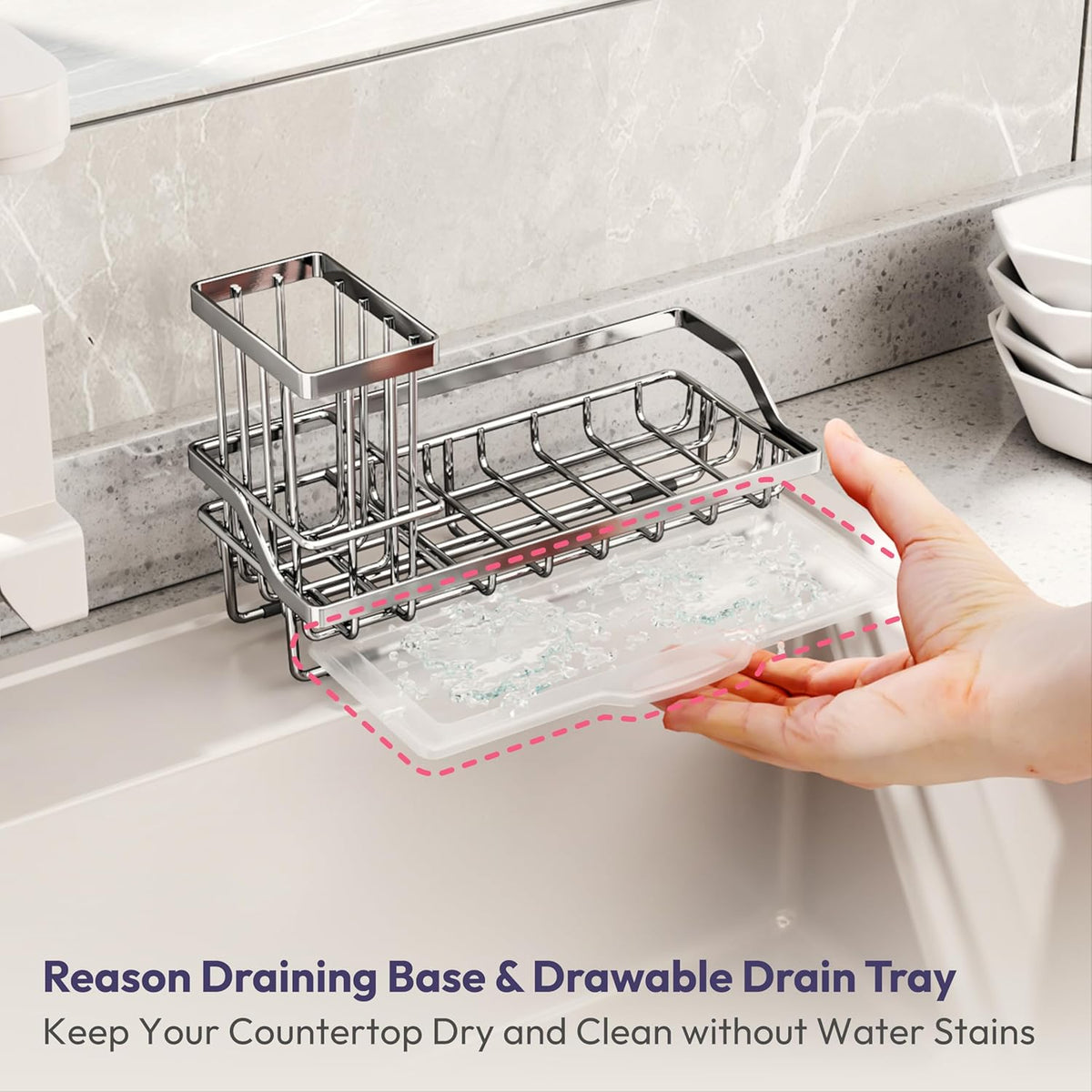 SWTYMIKI Kitchen Sink Caddy Sponge Holder, Kitchen Sink Organzier and Storage with High Brush