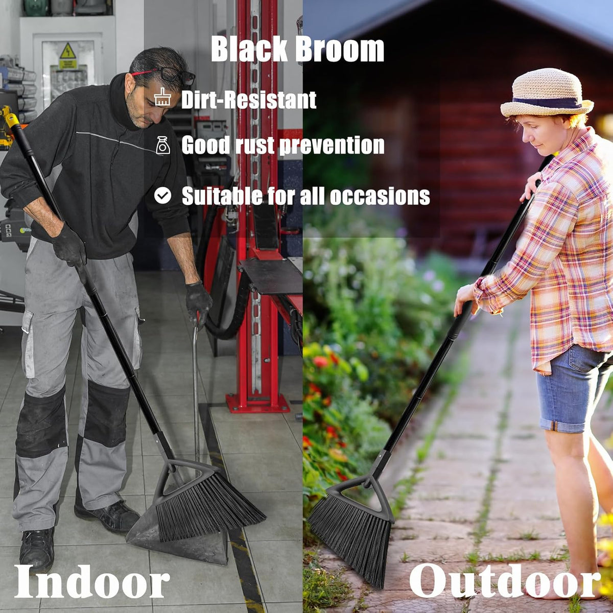 Heavy Duty Broom Outdoor Indoor, Upgraded Commercial Angle Brooms, Black Broom for Sweeping House