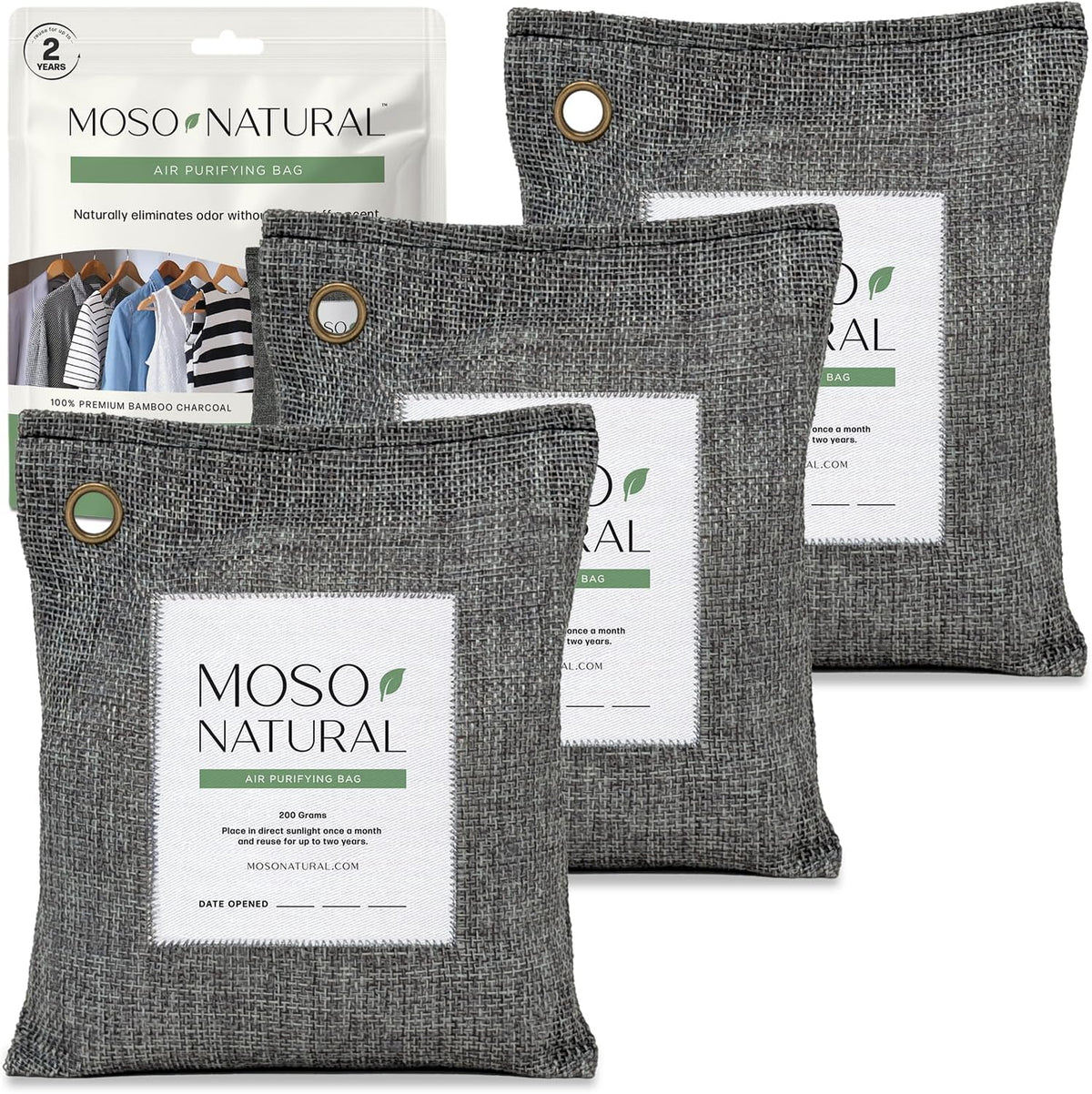 Moso Natural Air Purifying Bag 200g (3 Pack) Bamboo Charcoal Odor Absorber for Home & Car | Closet