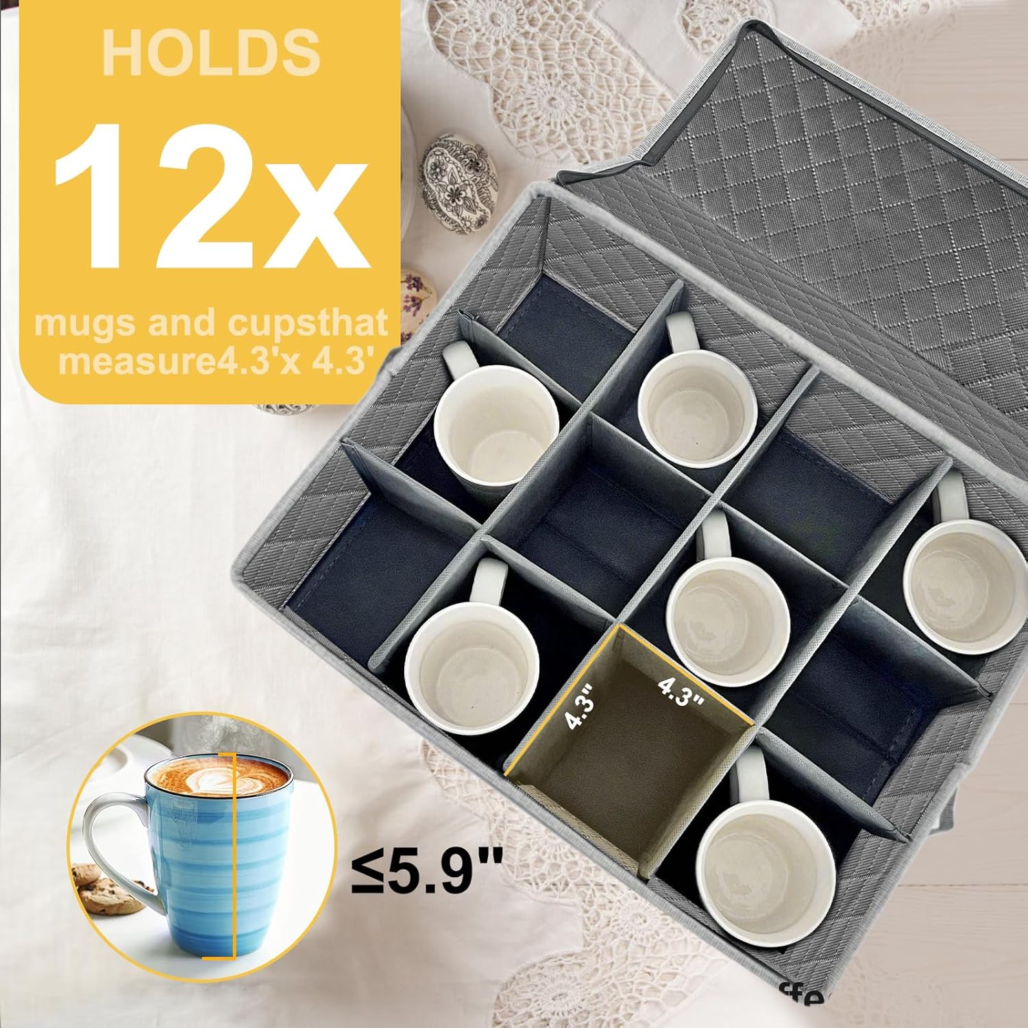 Coffee Mug Storage Box with Dividers, Durable China Storage Containers for Coffee Mugs, Tea Cups