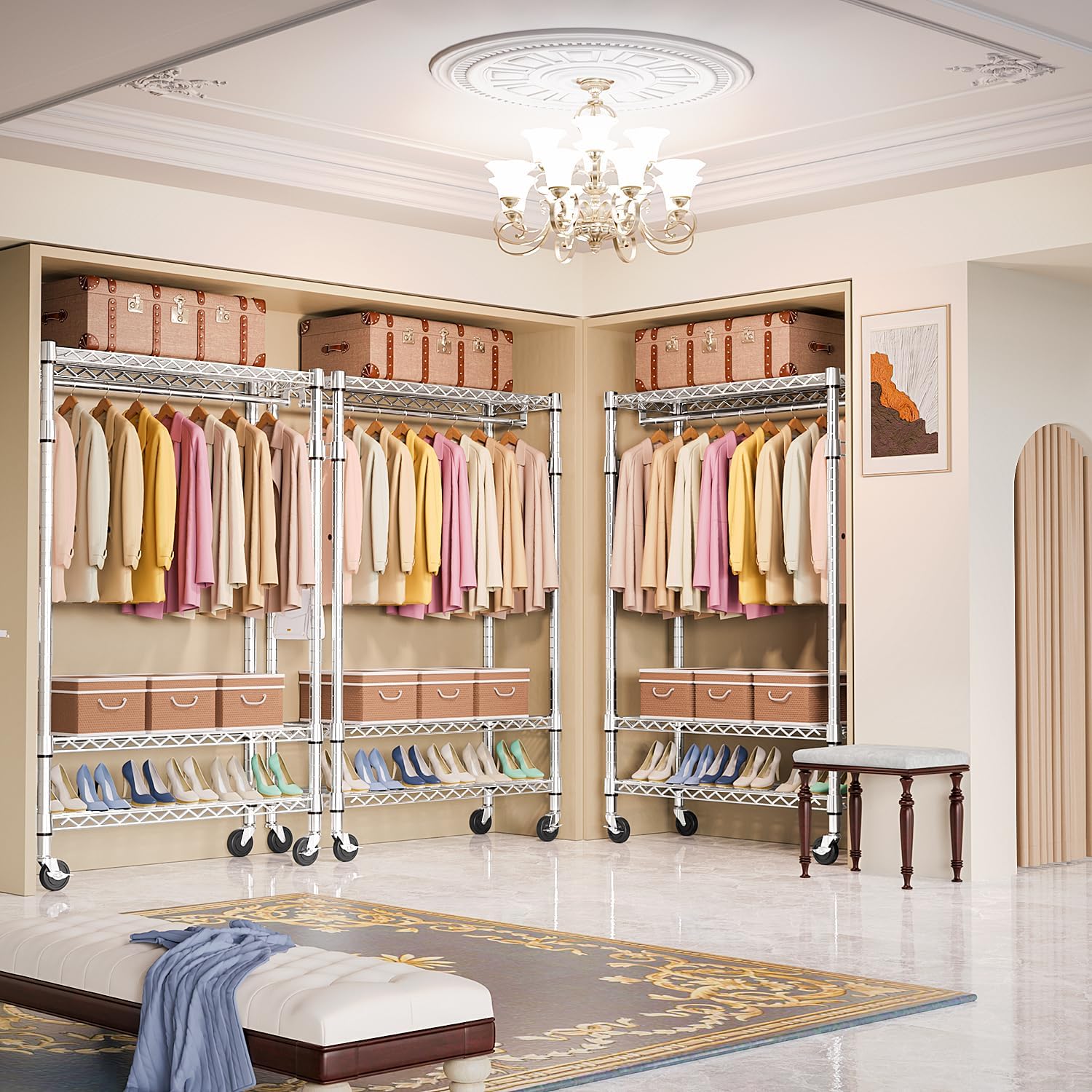 Heavy Duty Rolling Garment Rack 3 Tiers Adjustable Wire Shelving Clothes Rack with Rods and Side