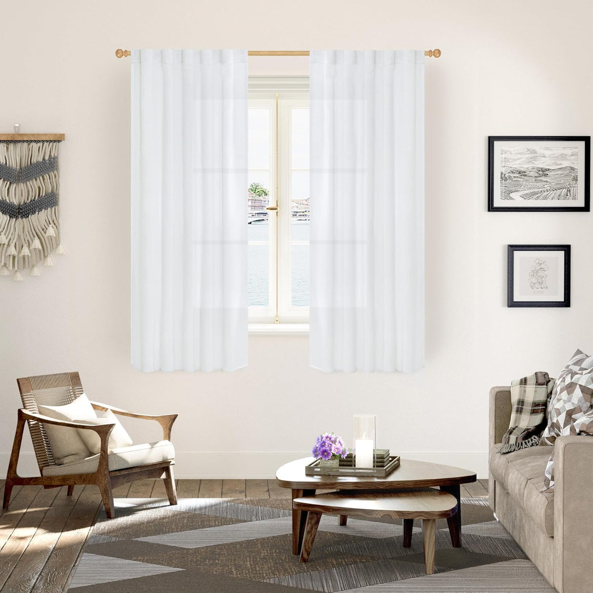 YoungsTex White Linen Semi Sheer Curtains 63 Inch Length for Short Window, Light Filtering Rod