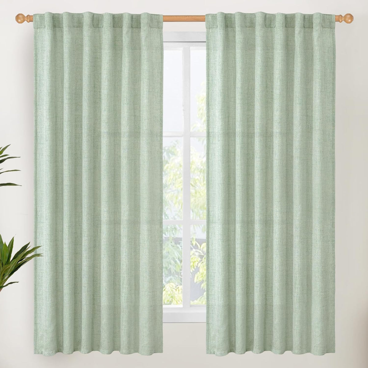 YoungsTex Sage Green Linen Curtains 63 Inch Length for Short Living Room, Semi Sheer Window Drapes