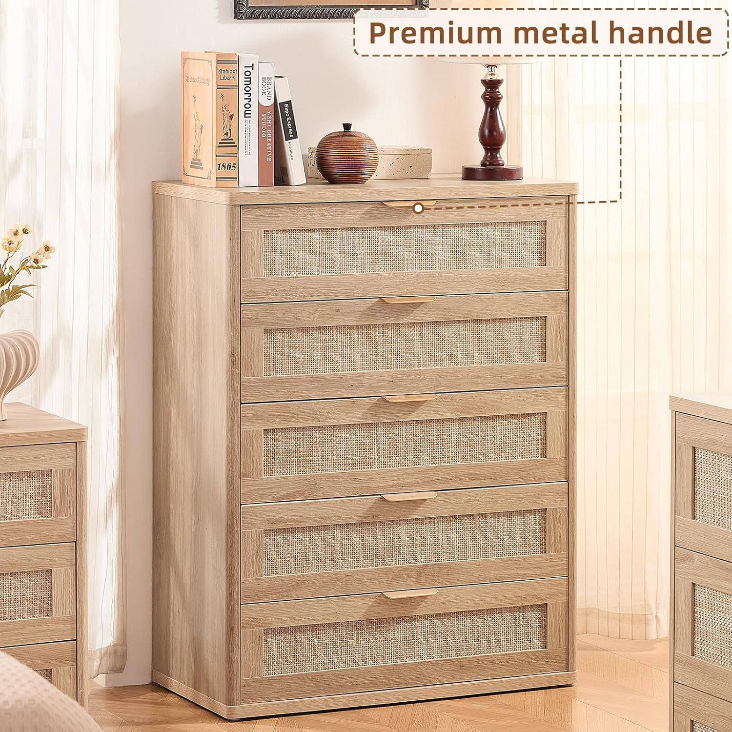 LEYAOYAO Rattan Dresser for Bedroom, 41" Tall Chest of Drawers, Modern 5 Drawers Boho Dressers with