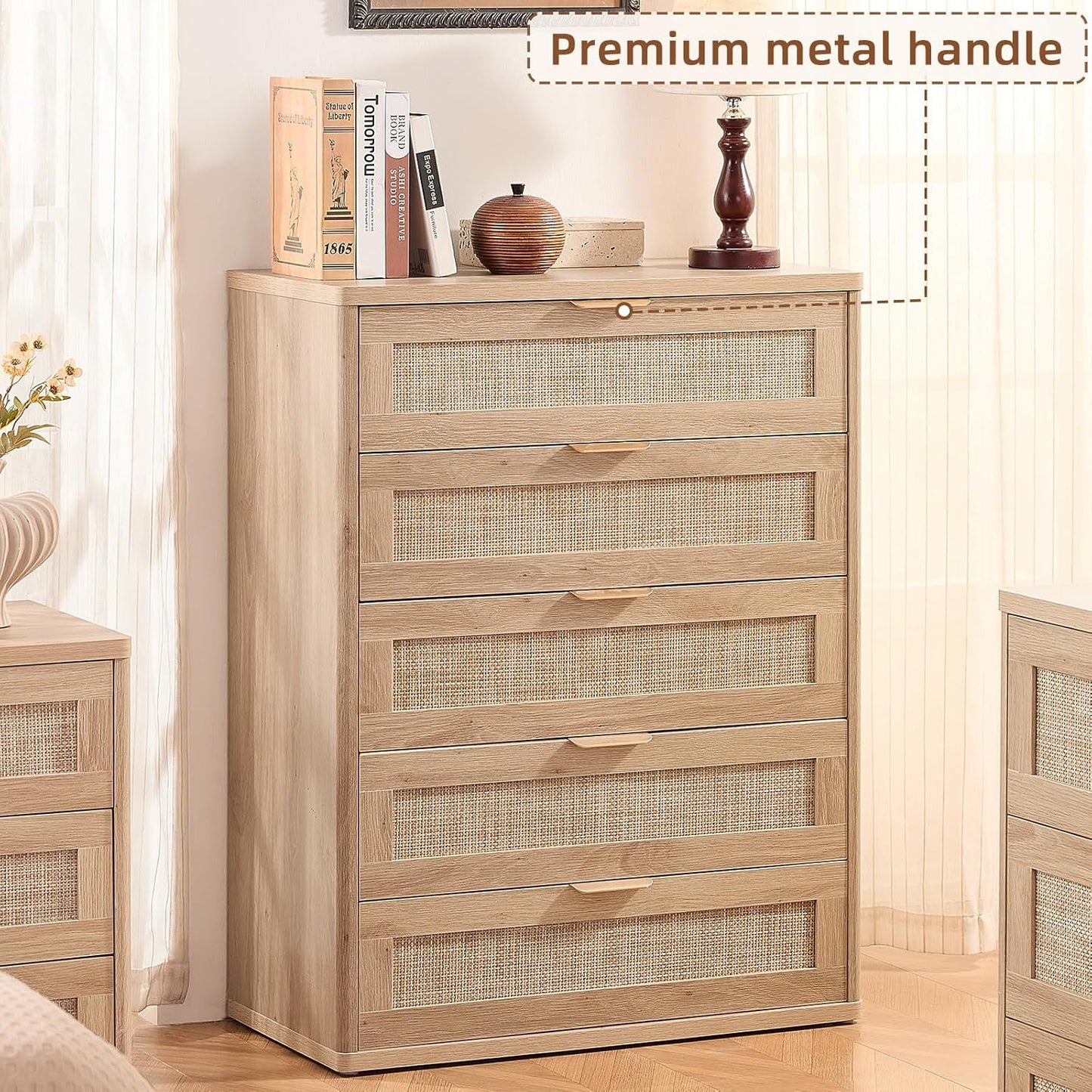 LEYAOYAO Rattan Dresser for Bedroom Set 2, 41" Tall Chest of Drawers, Modern 5 Drawers Boho