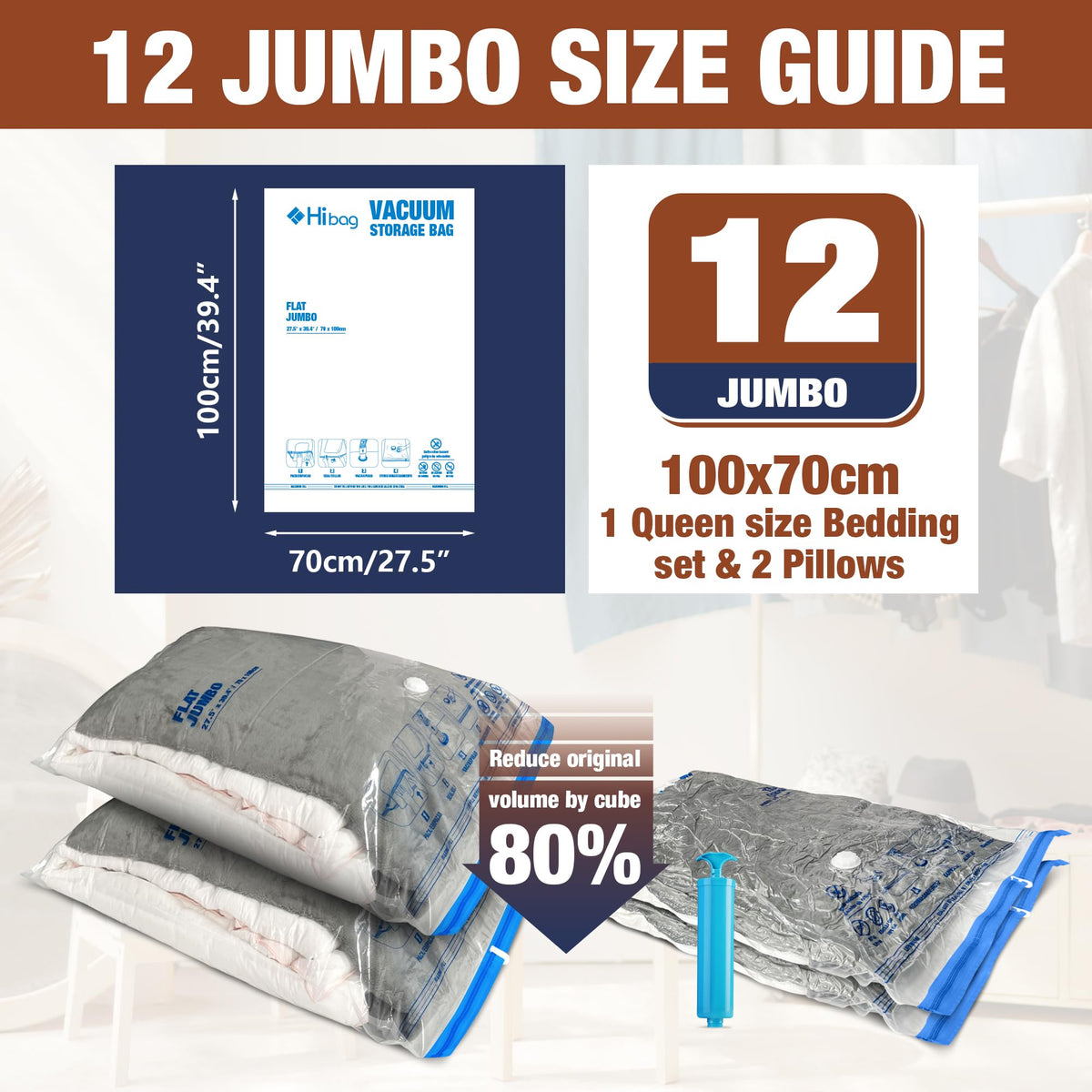 12 Jumbo Vacuum Storage Bags for Bedding, Vacuum Seal Bags for Clothing