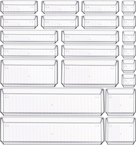 Criusia 22 Pcs Drawer Organizer Bins, Acrylic Non Slip Kitchen Drawer Organizers Storage Tray