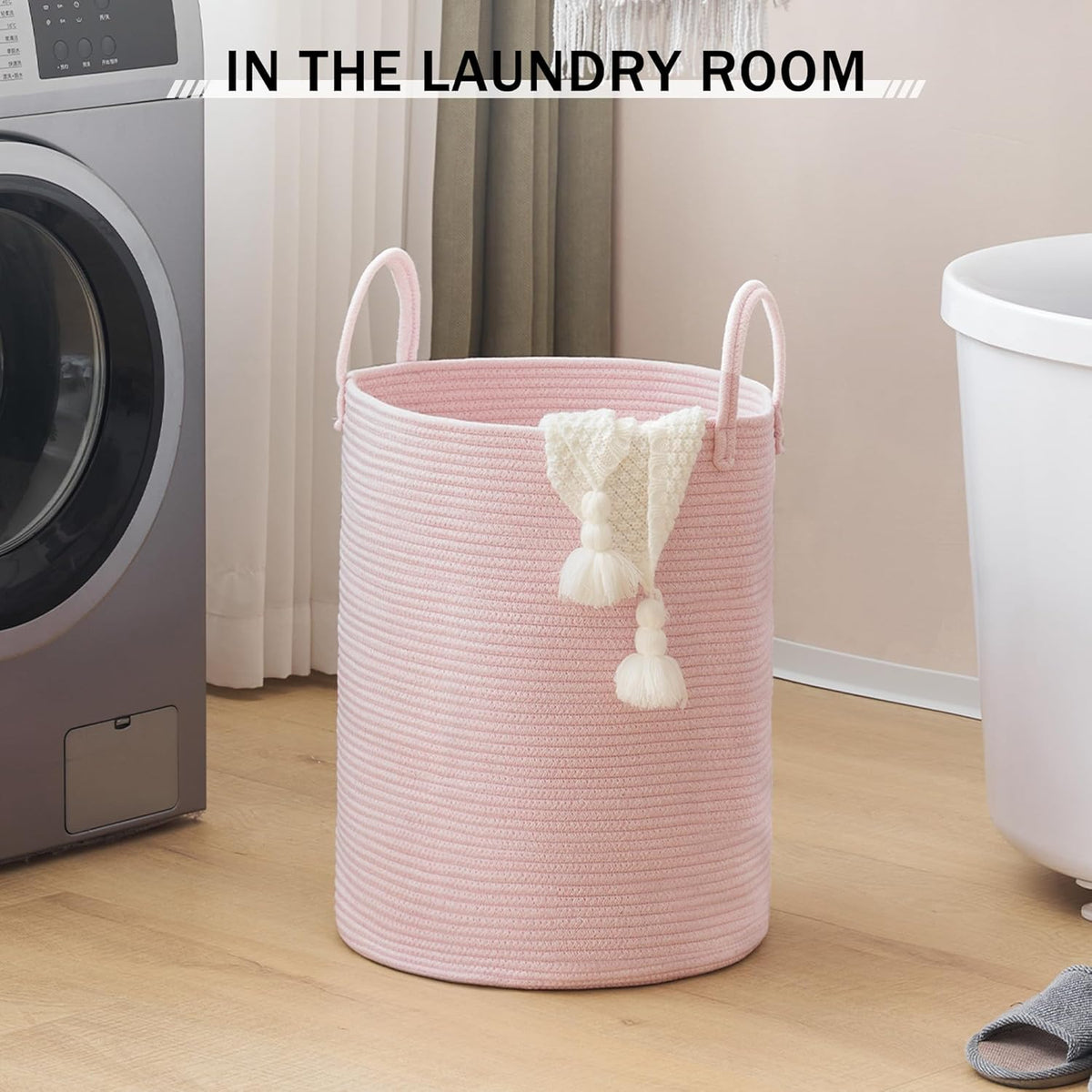YOUDENOVA Woven Rope Laundry Hamper, 58L Tall Luandry Basket, Baby Nursery Hamper for Blanket