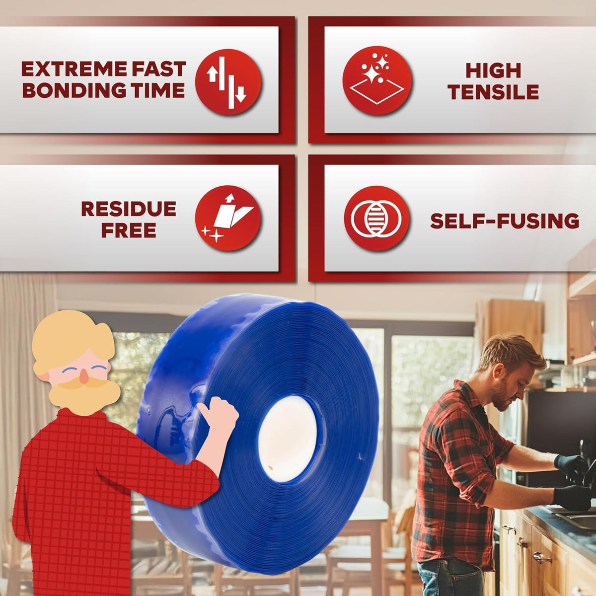 XFasten Self Fusing Silicone Tape Waterproof – 1" x 36 Feet Blue, Self Amalgamating Tape, Silicone