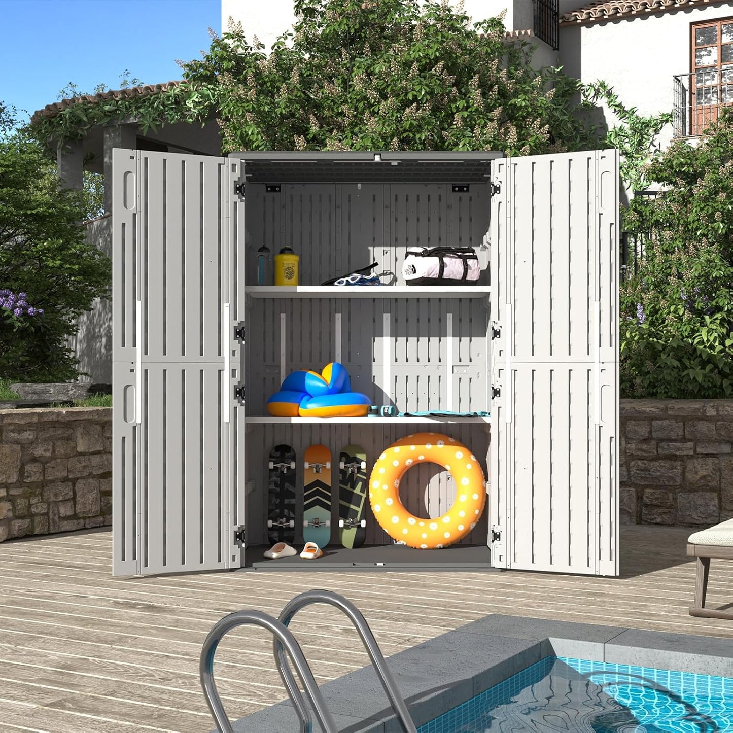 Aoxun 64 Cu.Ft Outdoor Storage Shed with Floor and 2 Shelves, Waterproof Horizontal Resin Cabinet