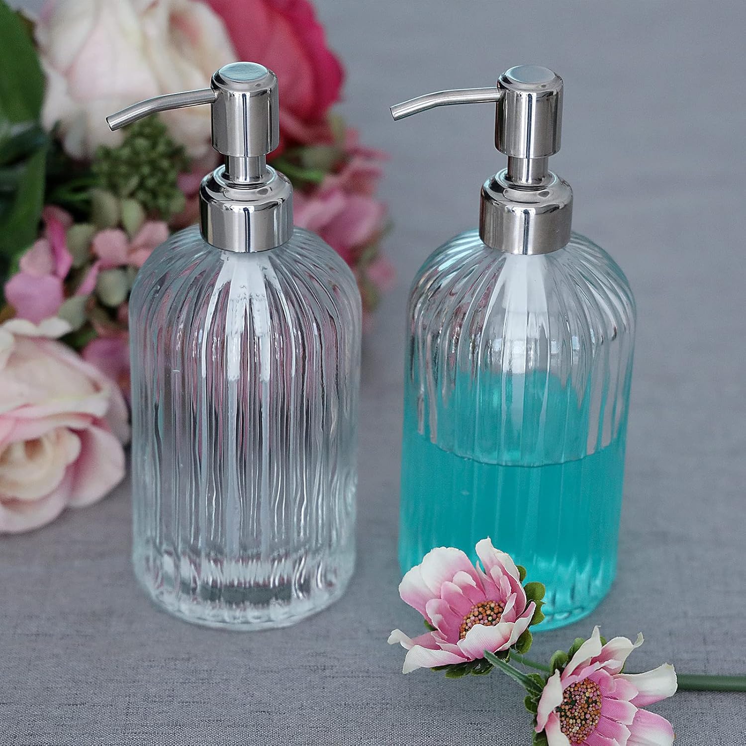 Clear Glass Soap Dispenser 18 oz, 2 Pack Hand Dish Soap Dispensers Bathroom with Stainless Steel