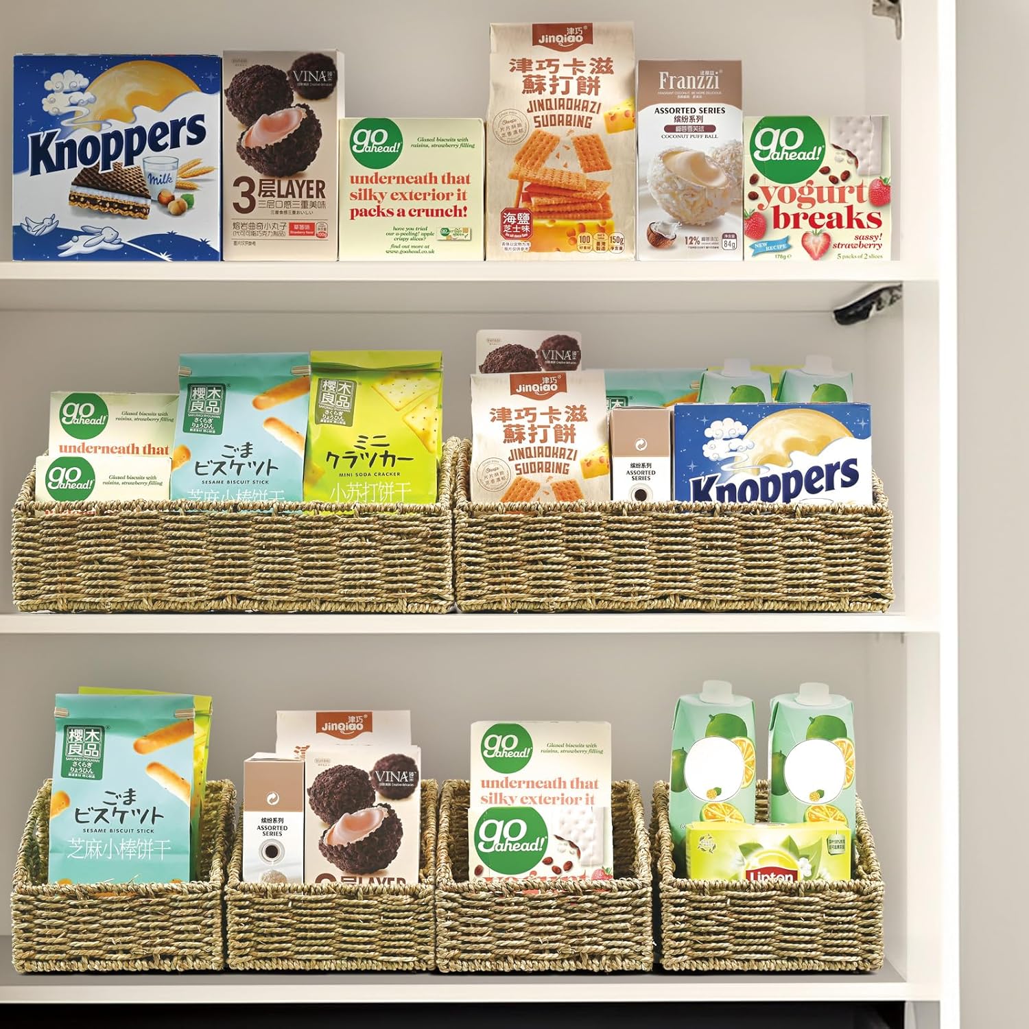 Ollieroo Natural Seagrass Storage Baskets, Handwoven Wicker Storage Bins with Built-in Handles