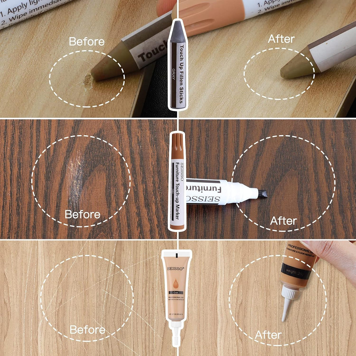 SEISSO Wood Furniture Repair Kit, 42 Pcs Wood Filler and Touch Up Markers with Wax Sticks, Vinyl
