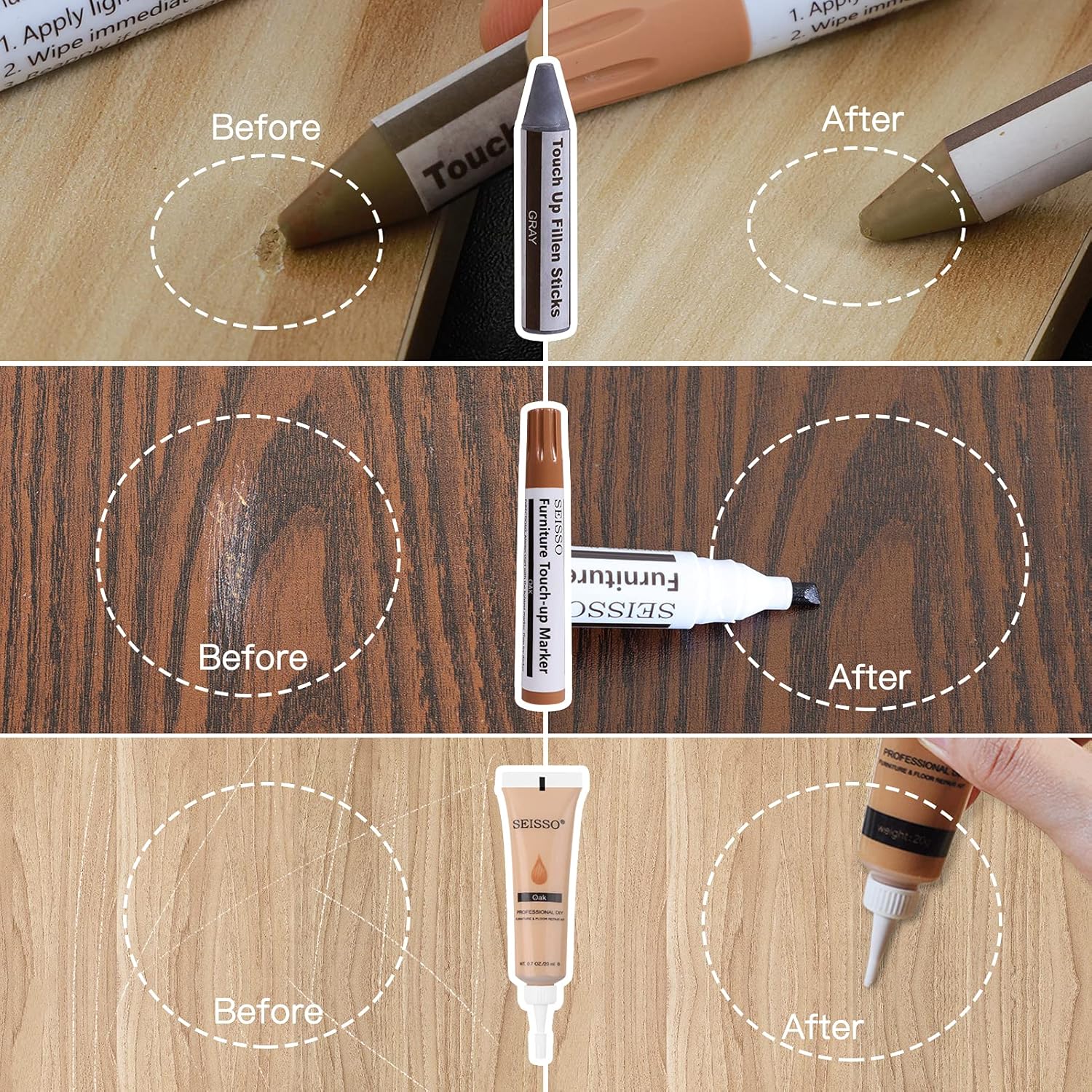 SEISSO Wood Furniture Repair Kit, 42 Pcs Wood Filler and Touch Up Markers with Wax Sticks, Vinyl