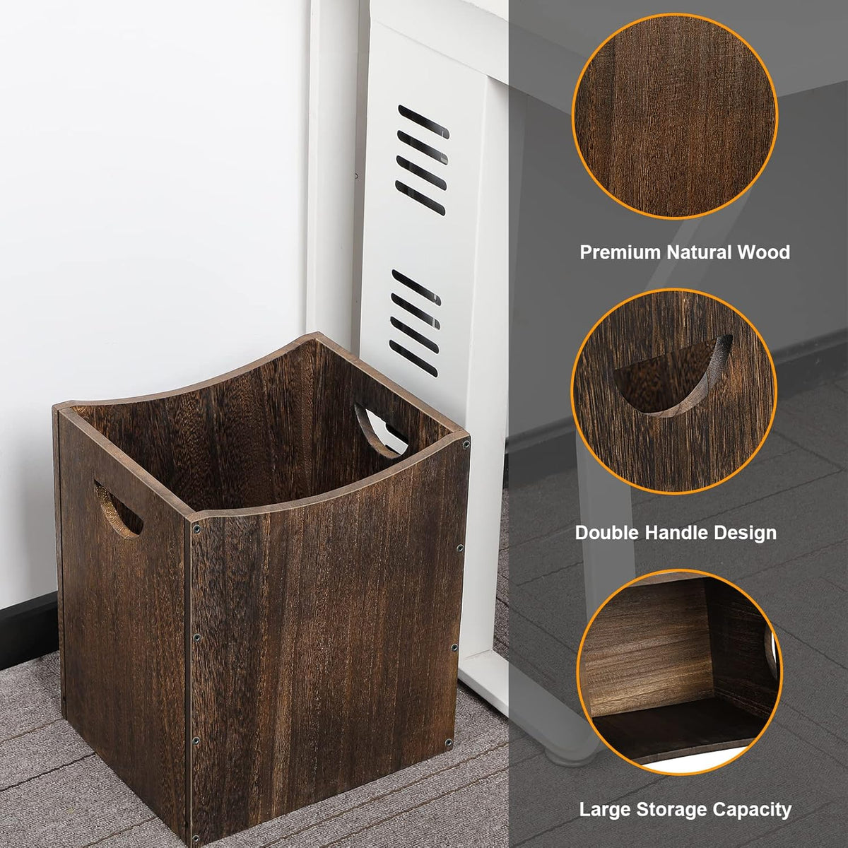 Wood Trash Can 5.3 Gallon Office Wastebasket Farmhouse Rectangular Garbage Can with Built-in