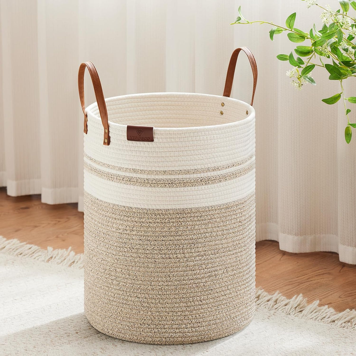 VIPOSCO Tall Laundry Basket, Large Dirty Clothes Hamper with Leather Handle, Woven Rope Storage
