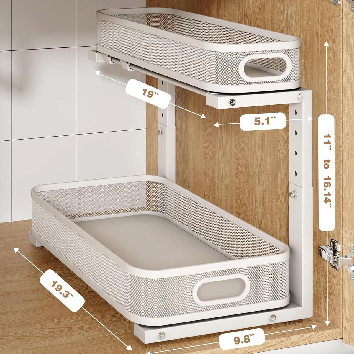 2 Pack 19.3IN-Depth Under Sink Organizer with Smooth Cylindrical Rail,2-Tier Pull Out Multi-Purpose