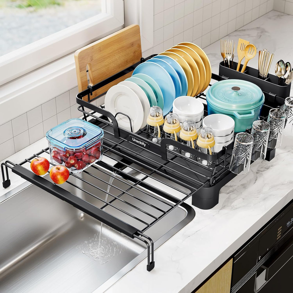 Extendable Dish Drying Rack, 2 in 1 Multifunction Dish Rack for Kitchen Counter, Expandable Dish