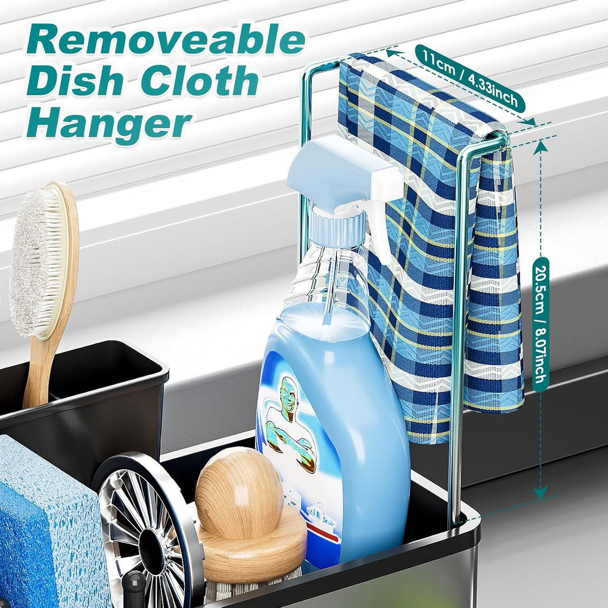 Stainless Steel Sink Caddy, Sponge Holder for Kitchen Sink with Brush Holder & Dishcloth Rack