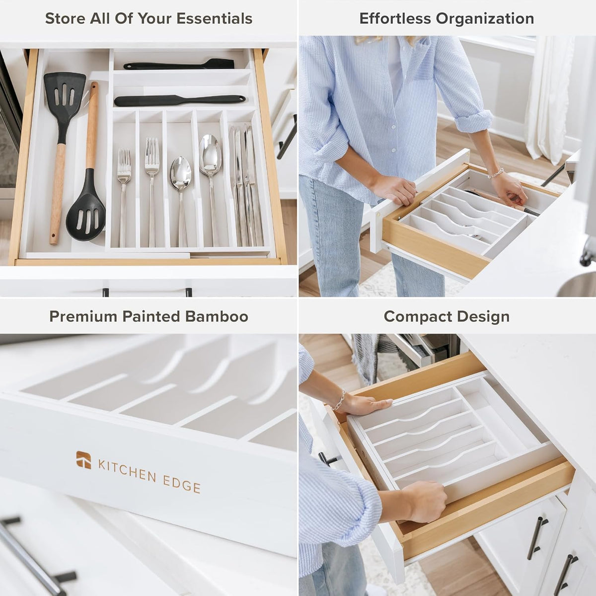 KitchenEdge Premium Silverware, Flatware and Utensil Organizer for Kitchen Drawers, Food-Safe