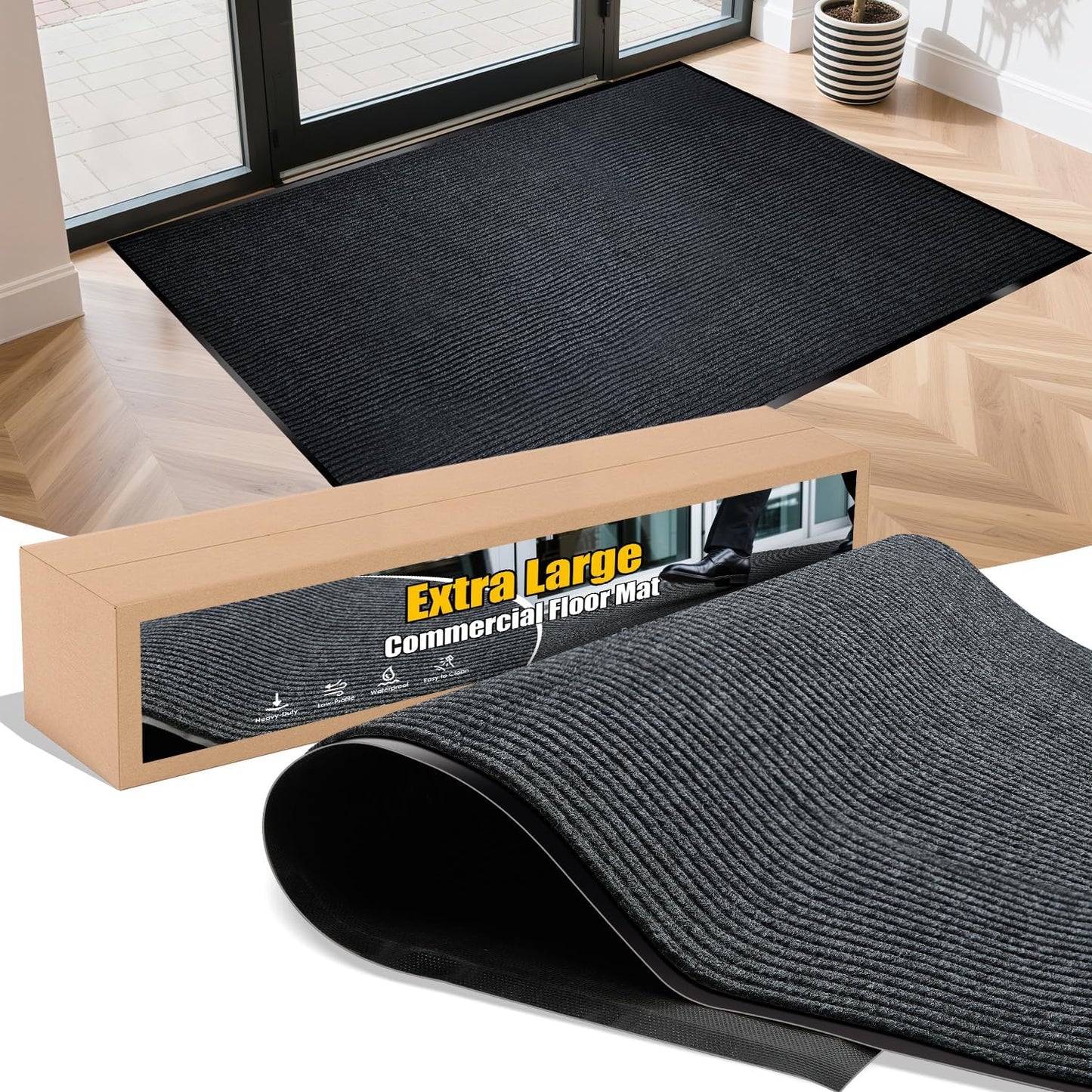 Extra Large Indoor/Outdoor Entrance Mat - 4 x 15 Feet, Rubber Border Door Mat Heavy Duty