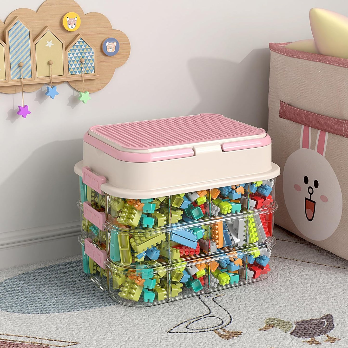 Toy Storage Organizer Box with Handle, Stackable Building Block Toy Box with Building Plate Lid &