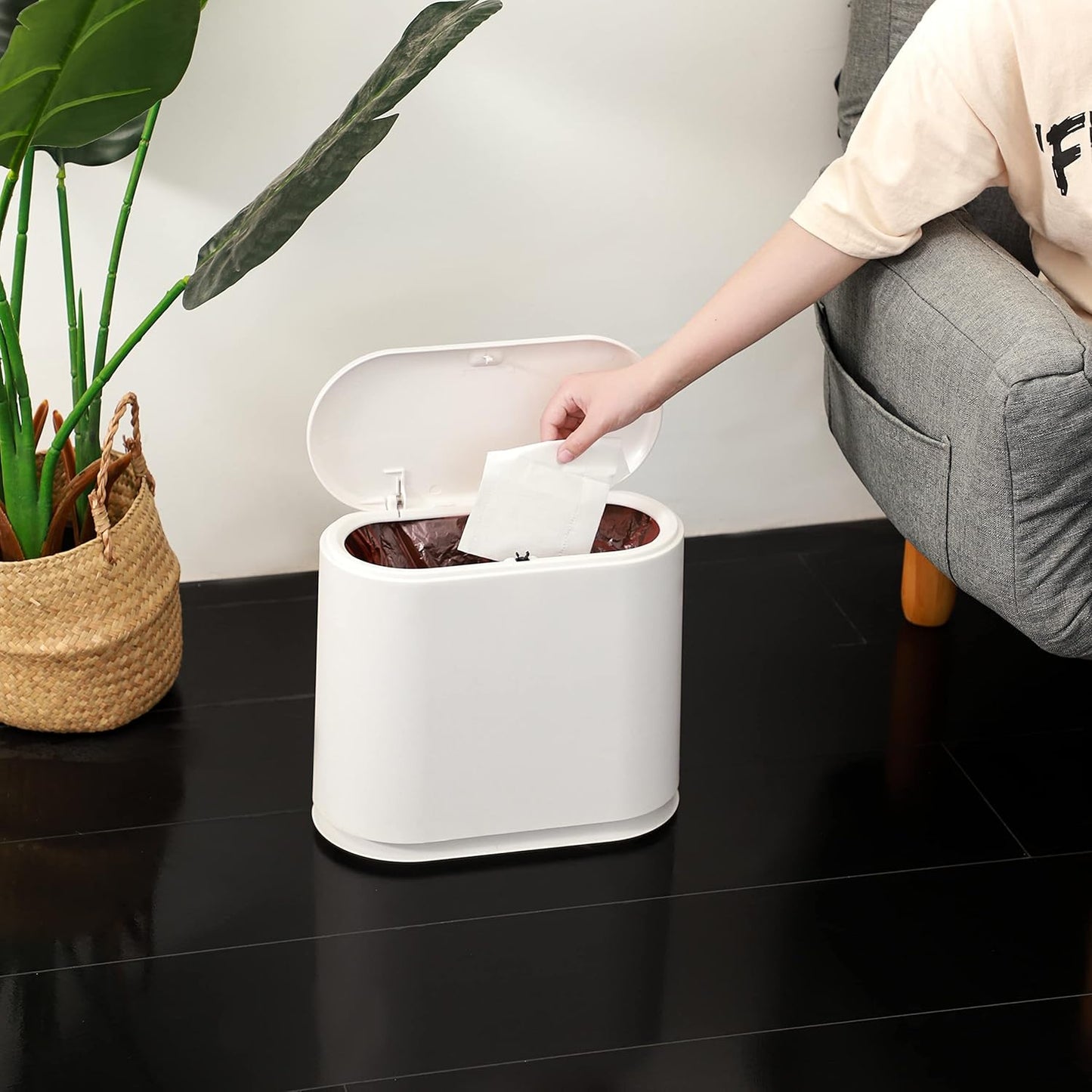 White Slim Bathroom Trash Can with Press Top Lid,12 Liter Small Thin Garbage Can,3.17 Gallon Narrow