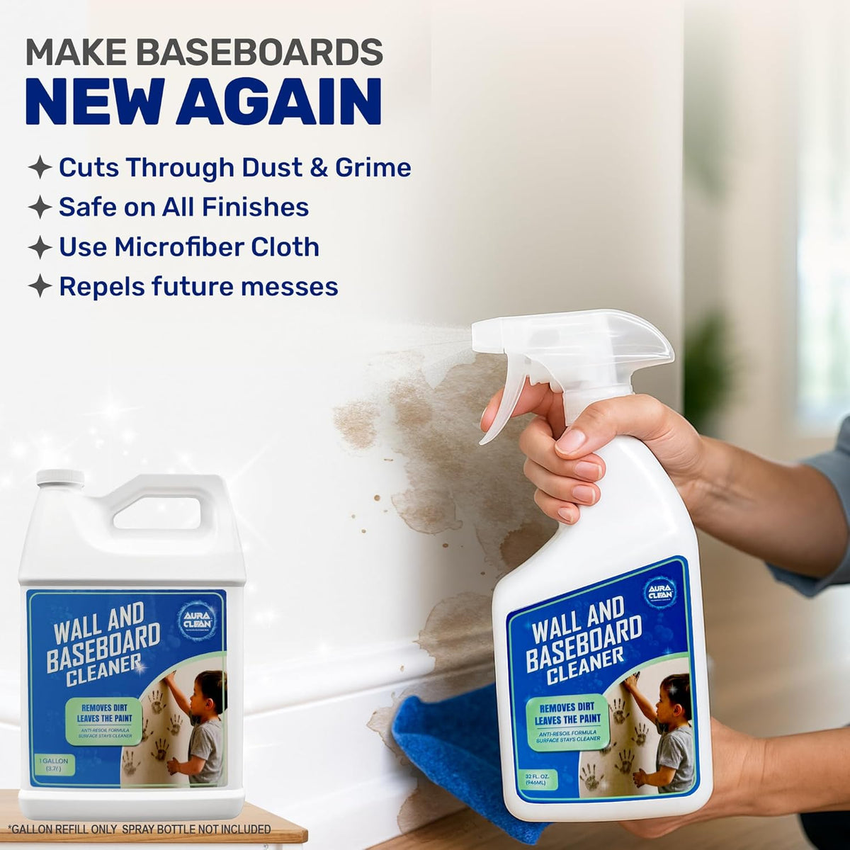 Wall & Baseboard Cleaner - Safe for Painted Walls & Trim | Eco-Friendly, No-Rinse, Kid & Pet-Safe |