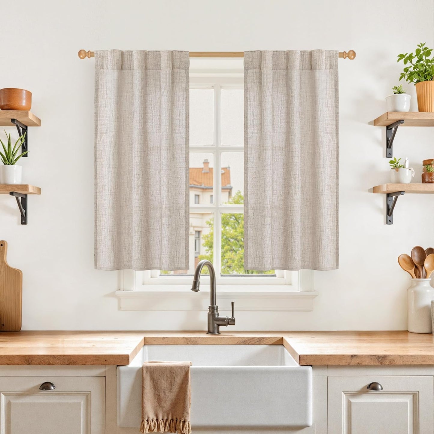 YoungsTex Cafe Linen Curtains 40 Inches Long for Kitchen Window Over Sink - Short Semi Sheer Drapes
