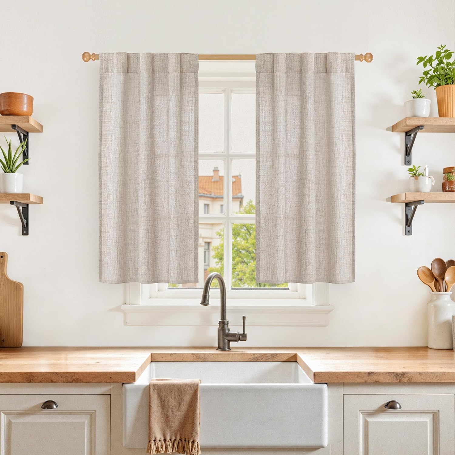 YoungsTex Cafe Linen Curtains 40 Inches Long for Kitchen Window Over Sink - Short Semi Sheer Drapes
