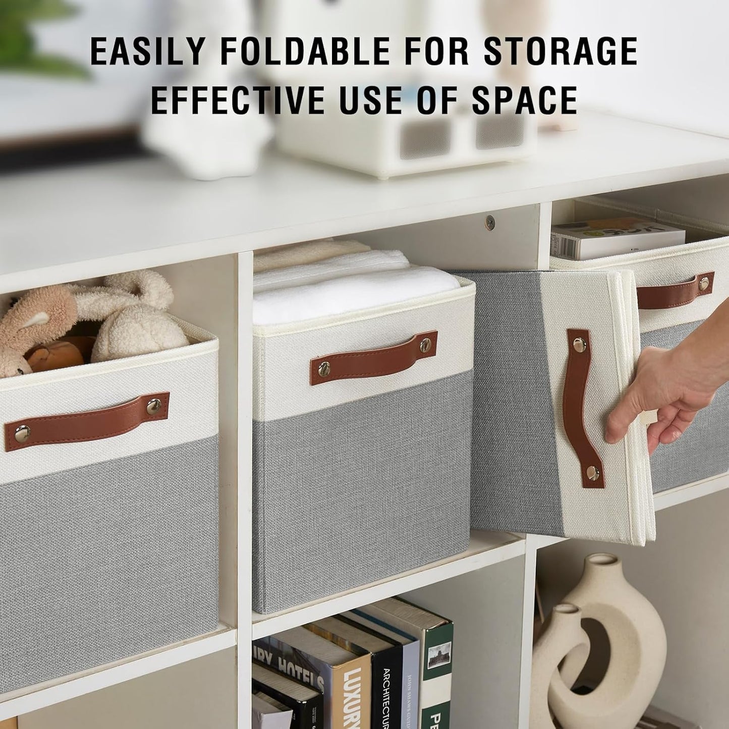 Collapsible Fabric Storage Cube Bins with 2 Reinforced PU Handles, Foldable Storage Organizer