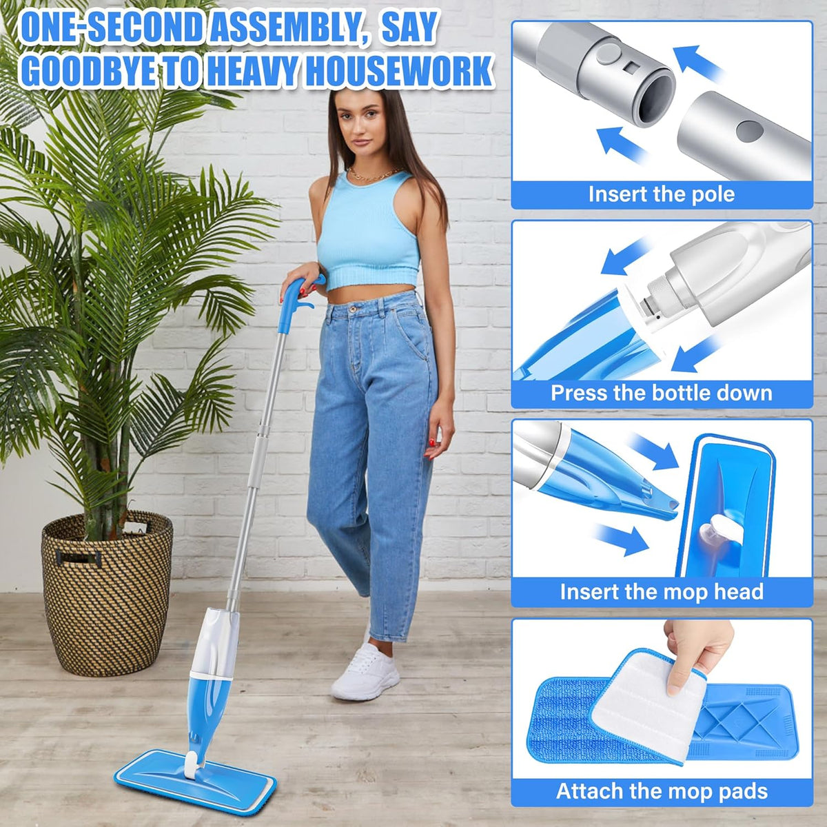 Spray Mop for Hardwood Floors Cleaning: Microfiber Wet Dry Floor Mops with 4 Washable Pads for