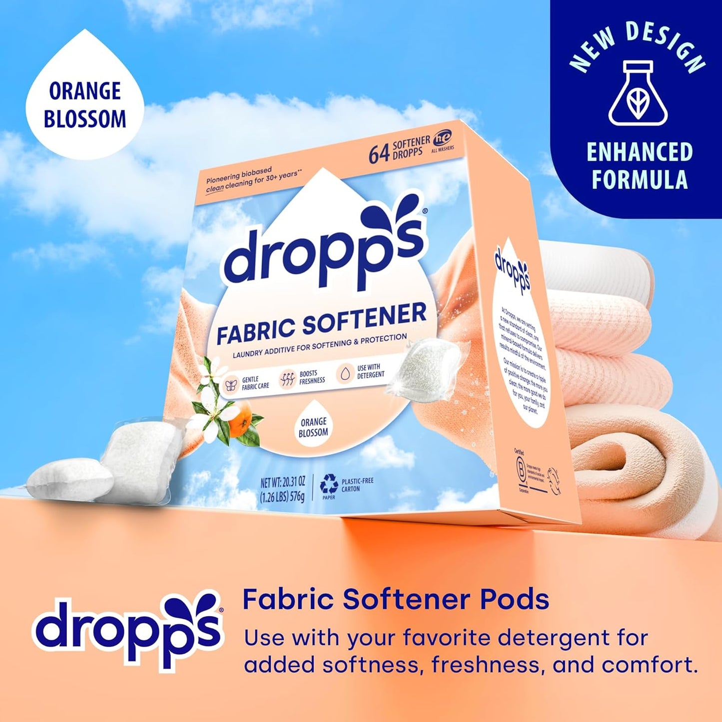 Dropps Laundry Fabric Softener Pods, Orange Blossom (64 Count) - Fabric Softener Liquid Pods for
