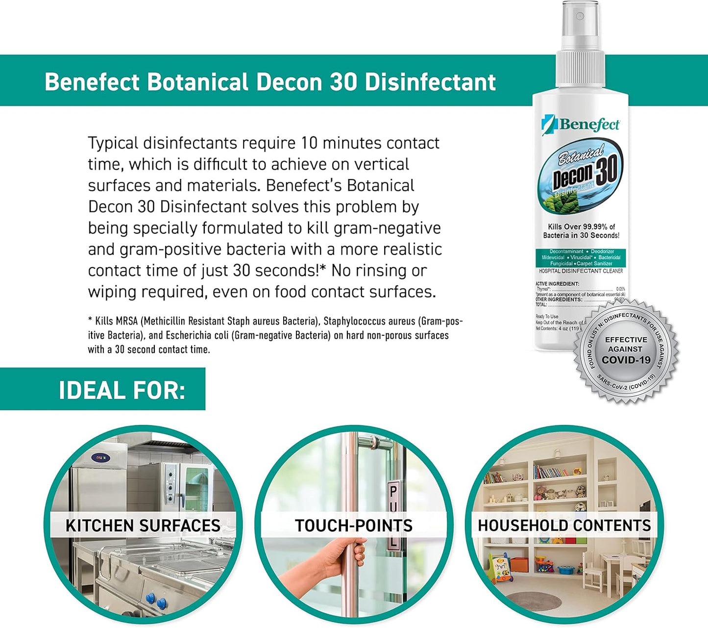 Benefect Botanical Decon 30 Disinfectant Cleaner, 4 oz. Spray Bottle, Light Lemon & Thyme Scent