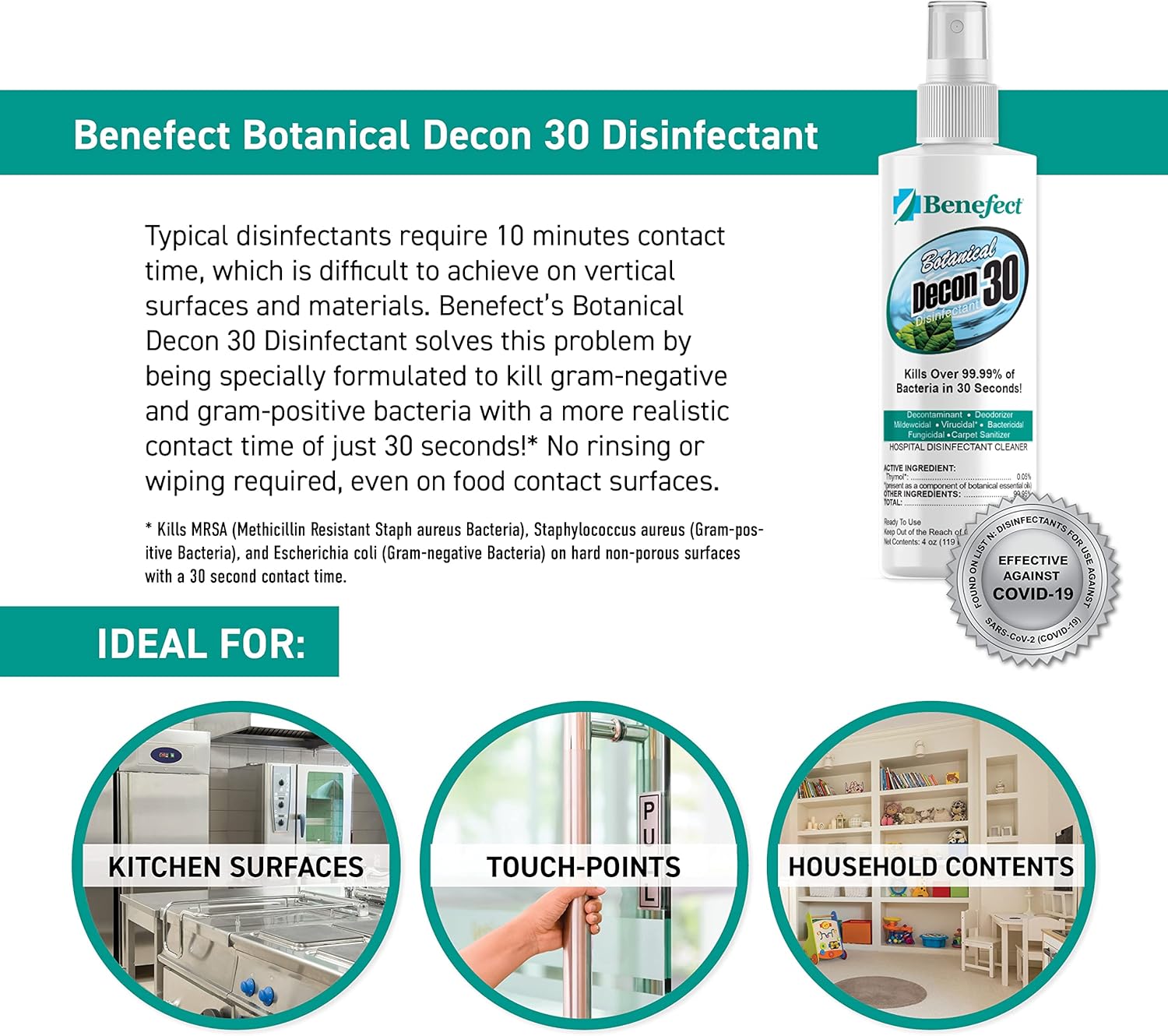 Benefect Botanical Decon 30 Disinfectant Cleaner, 4 oz. Spray Bottle, Light Lemon & Thyme Scent