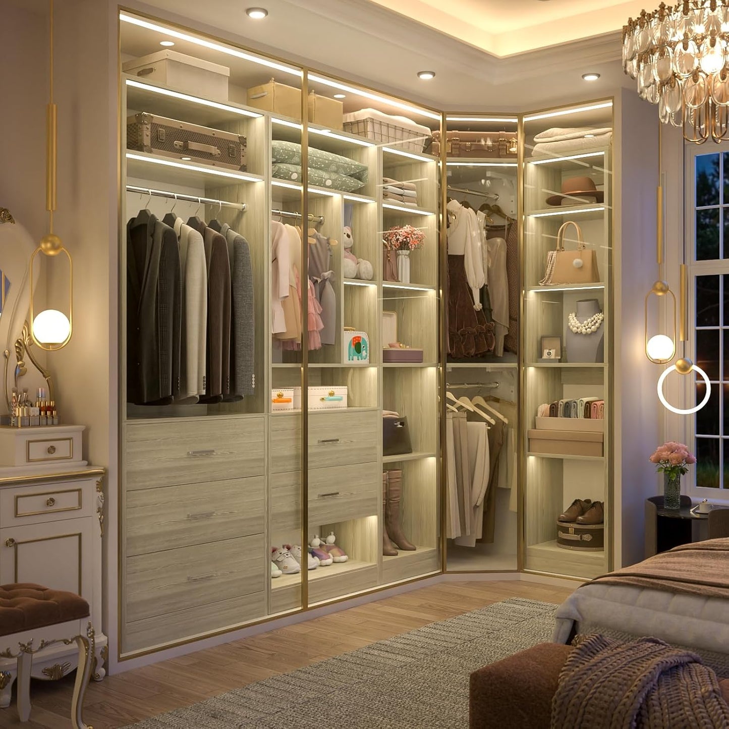 Corner Closet System with 5 Drawers, Closet Organizer System with 15+Shelvess & 4 Hanging Rods