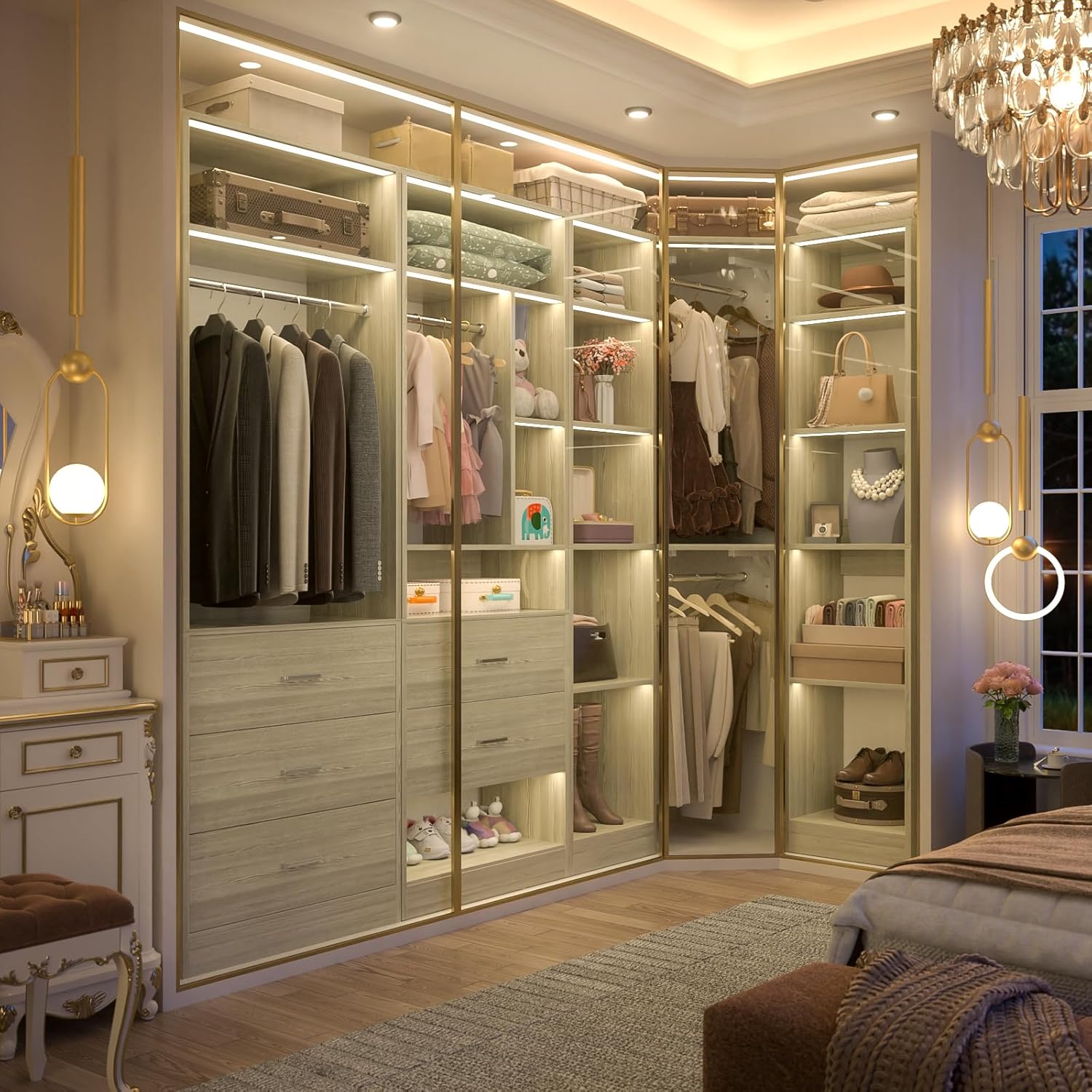 Corner Closet System with 5 Drawers, Closet Organizer System with 15+Shelvess & 4 Hanging Rods